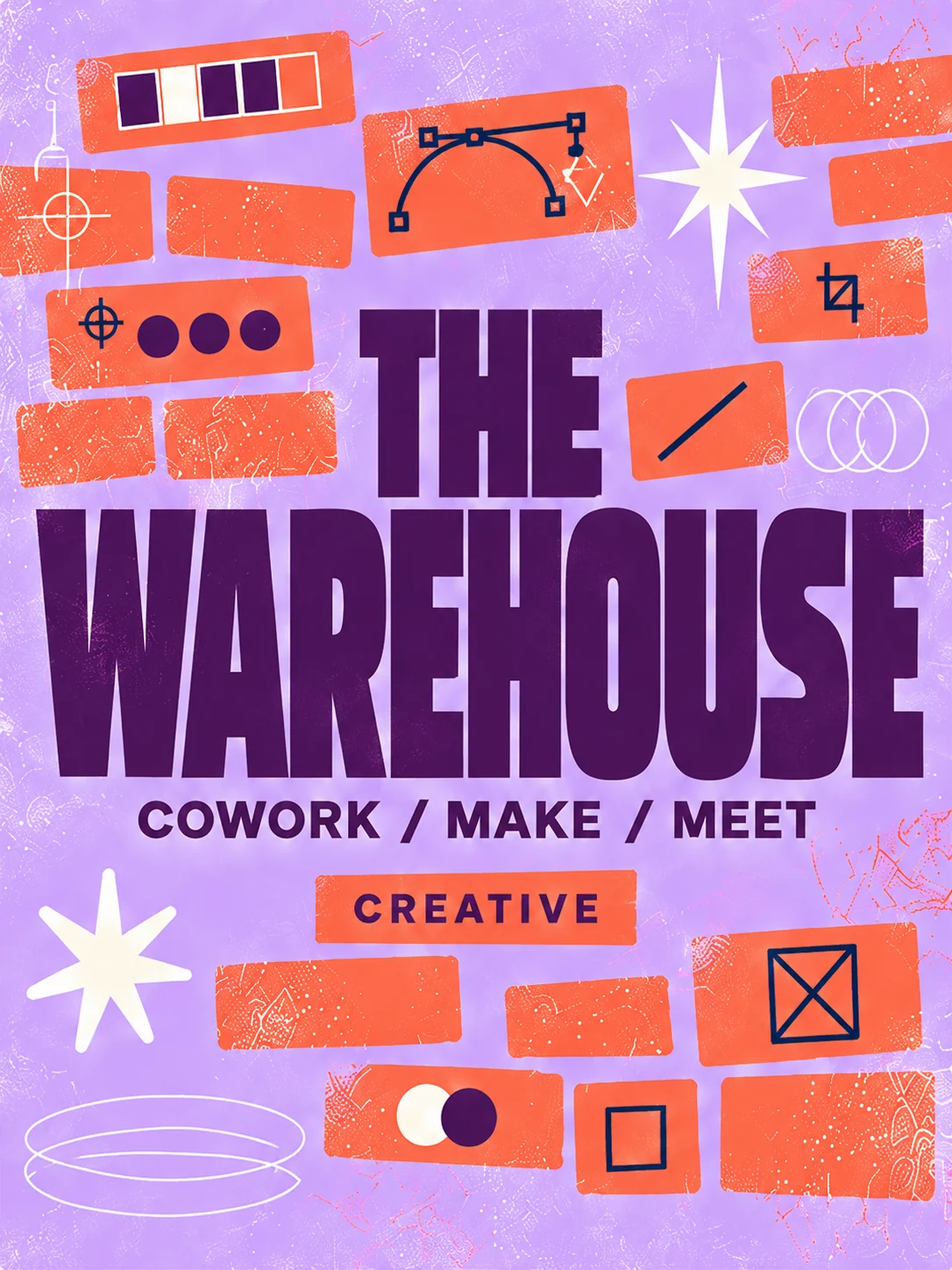 The Warehouse Creative poster with coral shapes on lavender