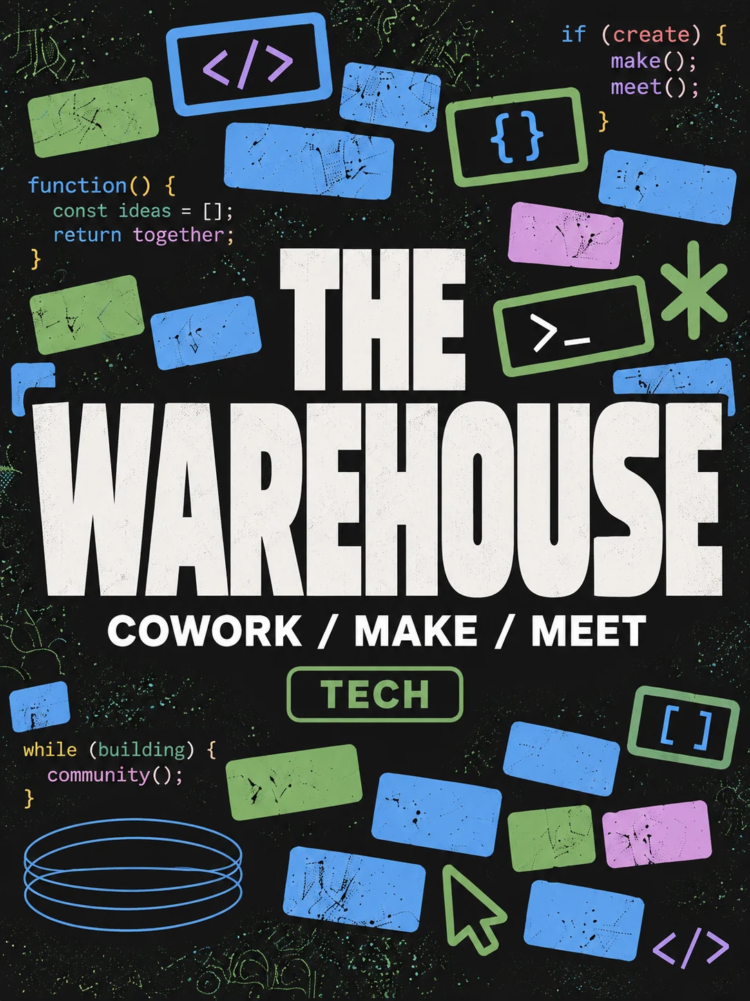 The Warehouse Tech poster with colorful code symbols